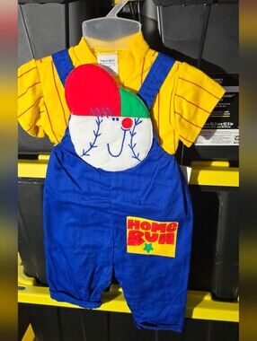 90s Hopscotch Home Run Blue Overalls with Yellow Striped Shirt